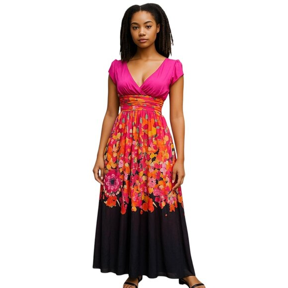 BCBGMAXAZRIA Floral Silk Maxi Dress 0 (XS) | NWT V-Neck Empire Waist Gown - Picture 2 of 11